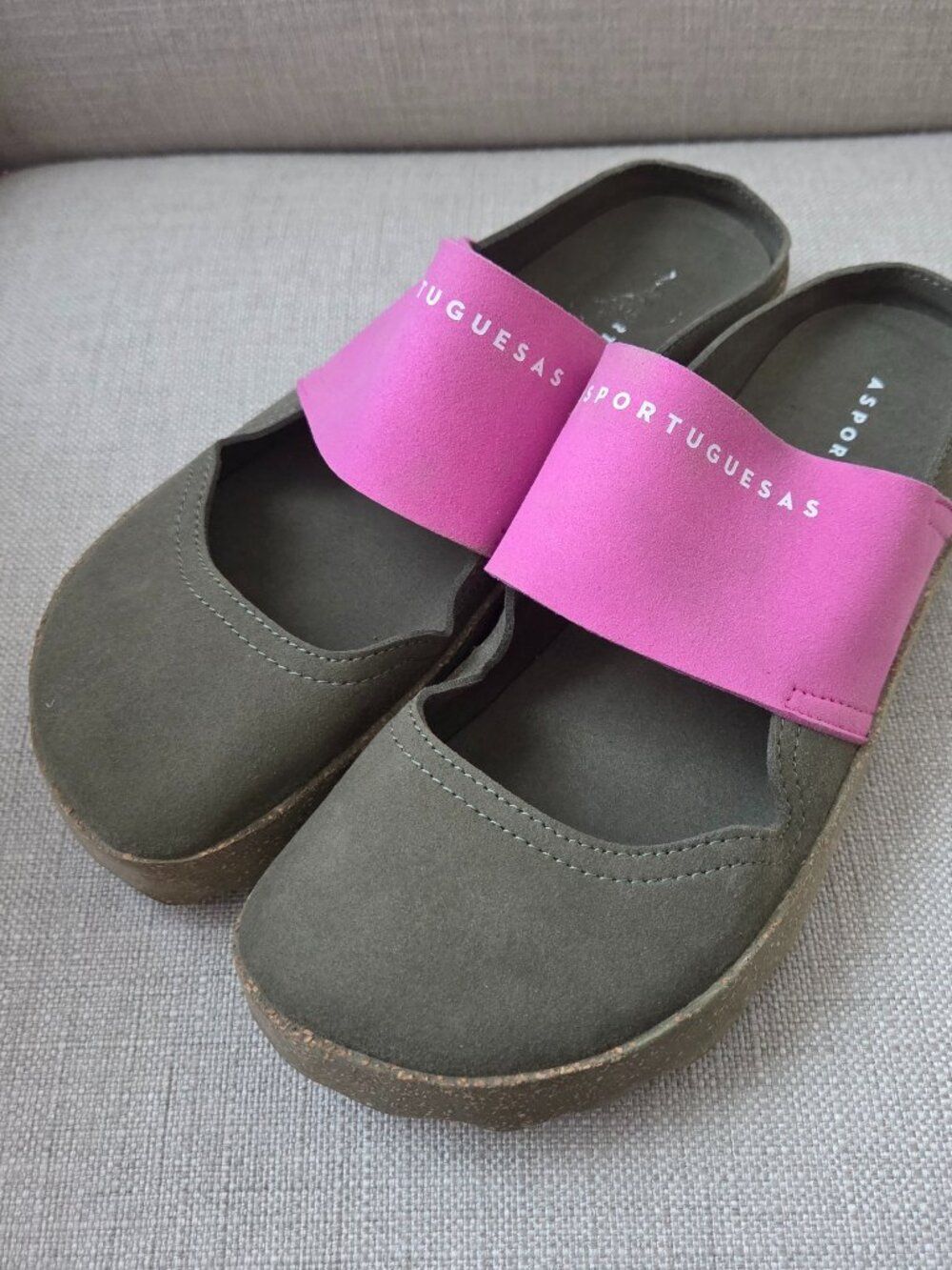 Asportuguesas Fly London Cana Slide Size EU 39 US 8 Military Green Pink Suede